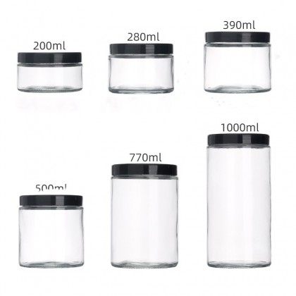 Wide Mouth Clear Straight Sided Storage Bottle 200-1000ML Glass Jar With Metal Lid or Plastic Lid