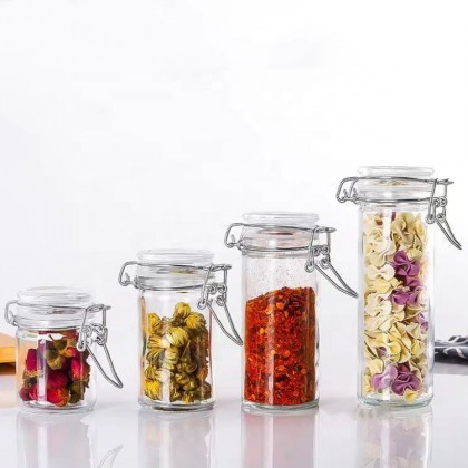 Kitchen Storage Bottles Jars 100ml 500 Ml Clear Glass Storage Mason Jar With Airtight Clip Top Lid for Food Jam Canning Spice