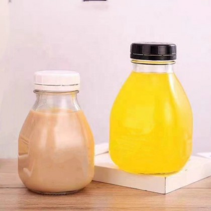 300ml and 500ml Square Cone Shape Milk Fruit Juice Glass Bottle With Plastic Screw Cap and Customized Logo Printing