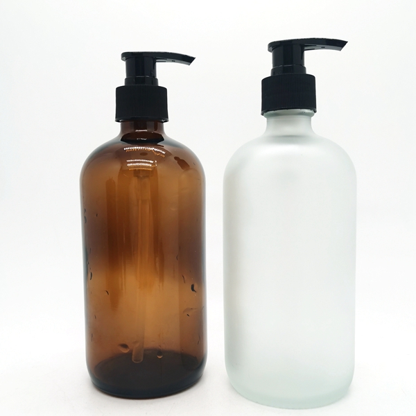 Frosted Glass Recyclable Boston Round Cosmetic Pump Bottles With Pump Cap 16 Ounce Jars for Skincare