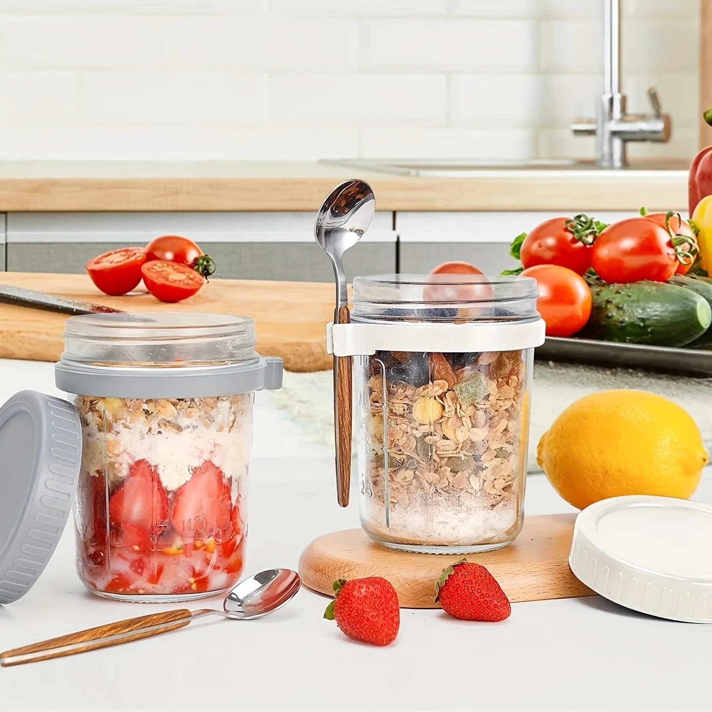 MULTIPURPOSE GLASS FOOD JARS for OVERNIGHT OATS, CEREAL, MILK, VEGETABLE and FRUIT SALAD