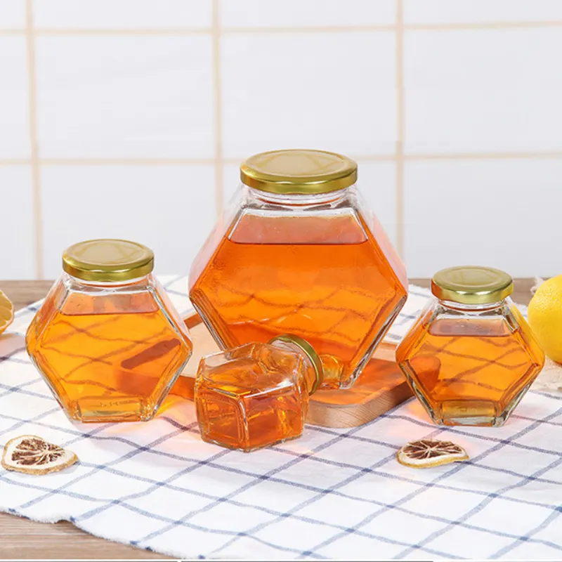Customized 220ml 380ml Empty Luxury Stirring Dipper Hexagonal Honey Jelly Jam Glass Jar