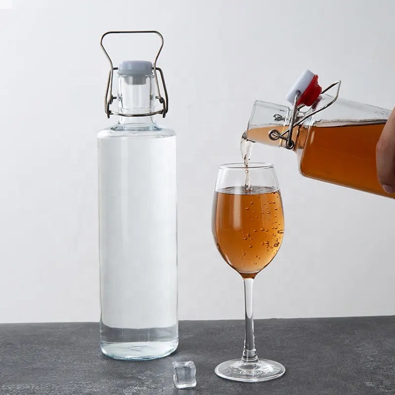 Wholesale Column Water Fruit Wine Glass Bottle With Easy Open End and Screen Printing Swing Top Design