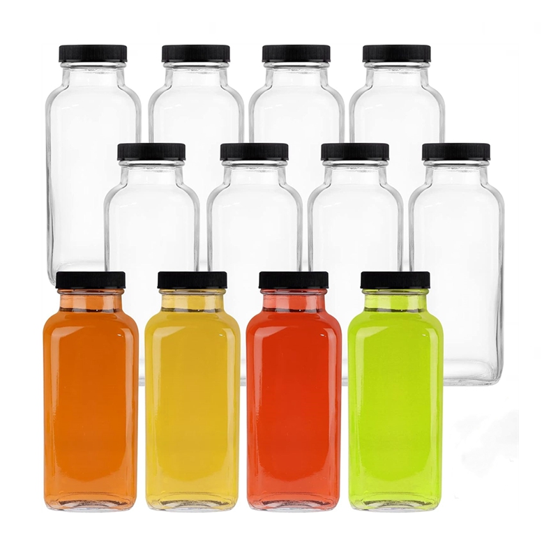 8oz 12oz 16oz 250ml 350ml 500ml Clear French Beverage Square Glass Bottle Cold Press Fruit Juice Bottles With Airtight Screw Cap