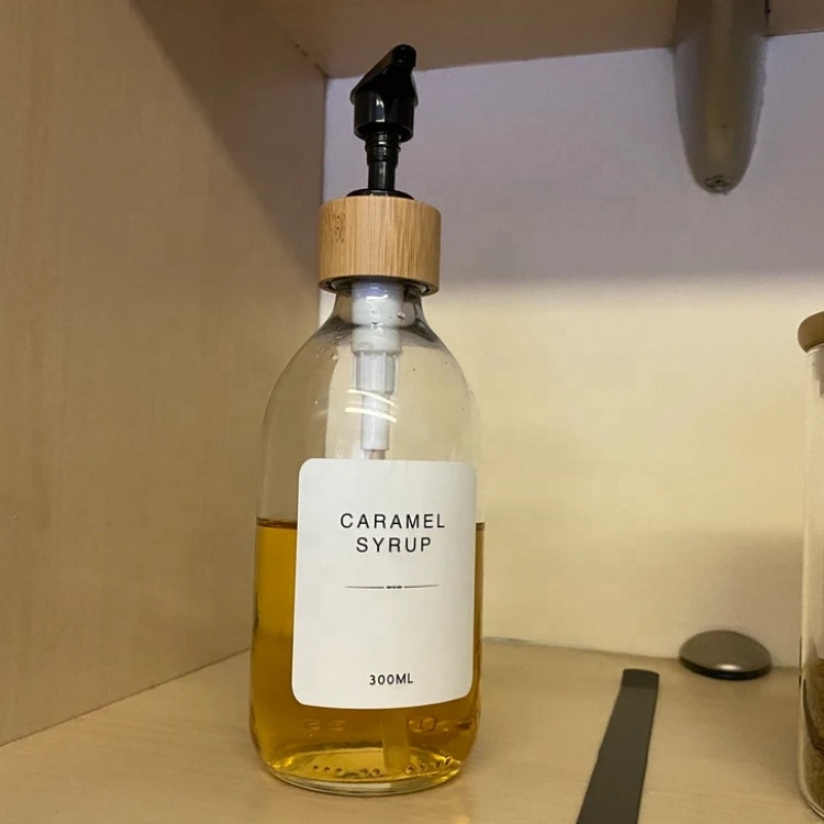 Refillable Clear Glass Syrup Bottles With Bamboo Pump Eco-friendly Refill Bottle Set