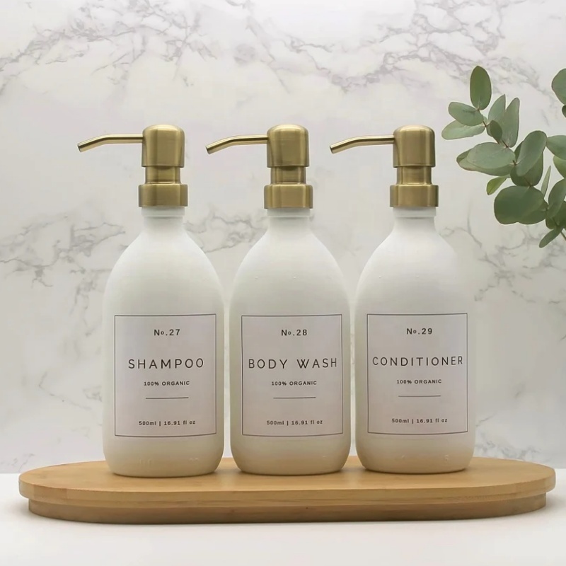 Matte White Glass Bathroom Dispenser Bottle Refillable With Brass Metal Soap Pump and Waterproof Label for Conditioner Body Wash