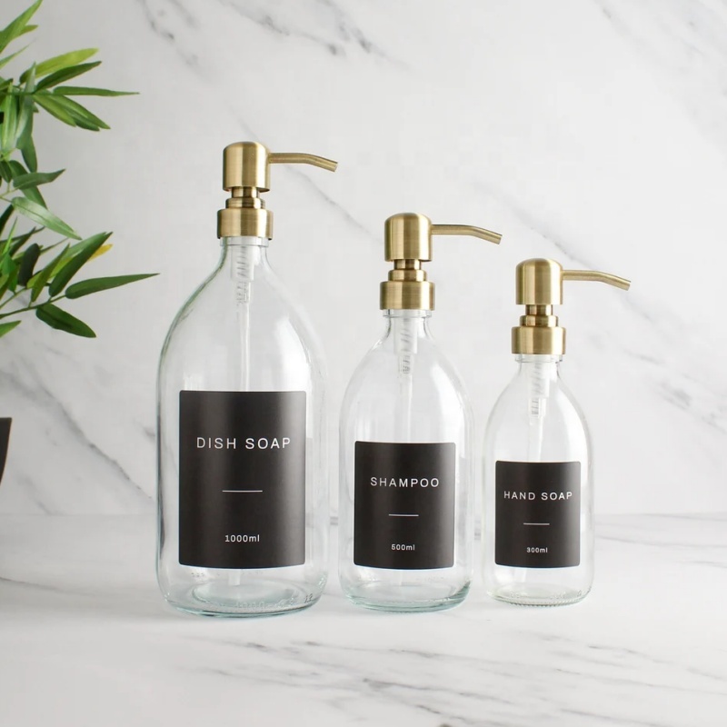 Custom Labels 500ml 16oz Soap Pump Glass Bottle Soap Dispenser Bottle Liquid Soap Bottle With Holder