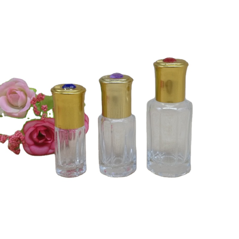 New Design 3ML 6ML 12ML Gold Octagon Roll on Glass Essential Oil Bottle Attar Oud Oil Glass Bottles With Roller Ball