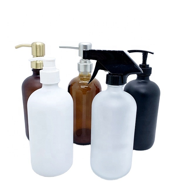Clear Frosted Boston Lotion Soap Glass Pump 250ml 500ml 16oz 8oz Empty Low Price Cosmetic Packaging Shampoo Oil Screen Printing