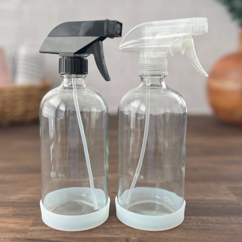 500ml 16oz Empty Boston Round Clear Amber Room Glass Spray Bottle With Trigger Sprayer and Silicone Sleeve for Cleaning