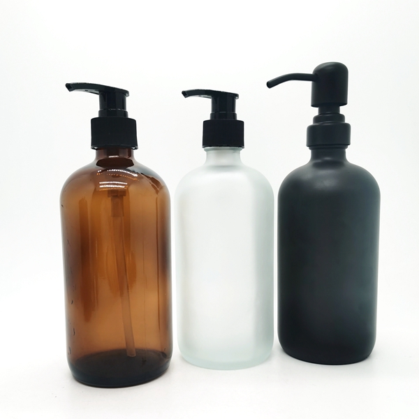 Frosted Glass Recyclable Boston Round Cosmetic Pump Bottles With Pump Cap 16 Ounce Jars for Skincare