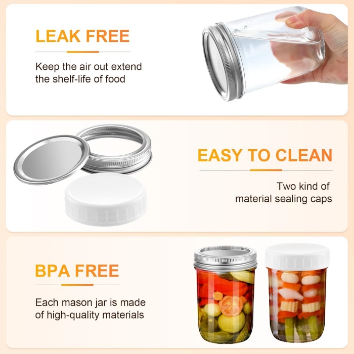 Wide Mouth Glass Jars 16oz 500ml Clear Canning Jars Glass Mason Jars With Plastic and Metal Airtight Lids for Overnight Oats