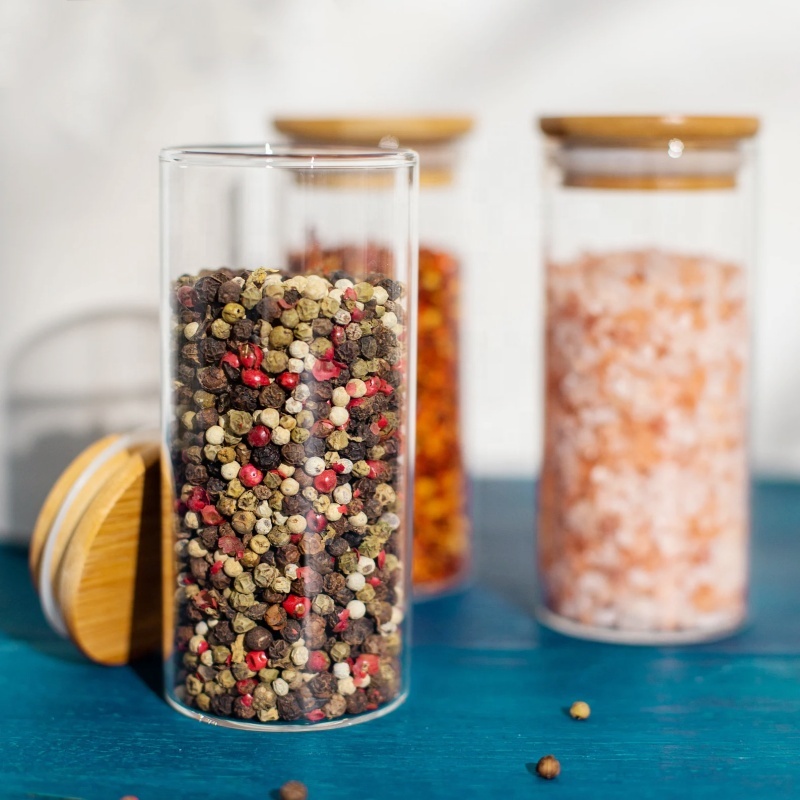 Custom Kitchen Storage Glass Mason Jar Spice Food Glass Jar with Lid Food Glass Storage Jar with Airtight Bamboo Cap
