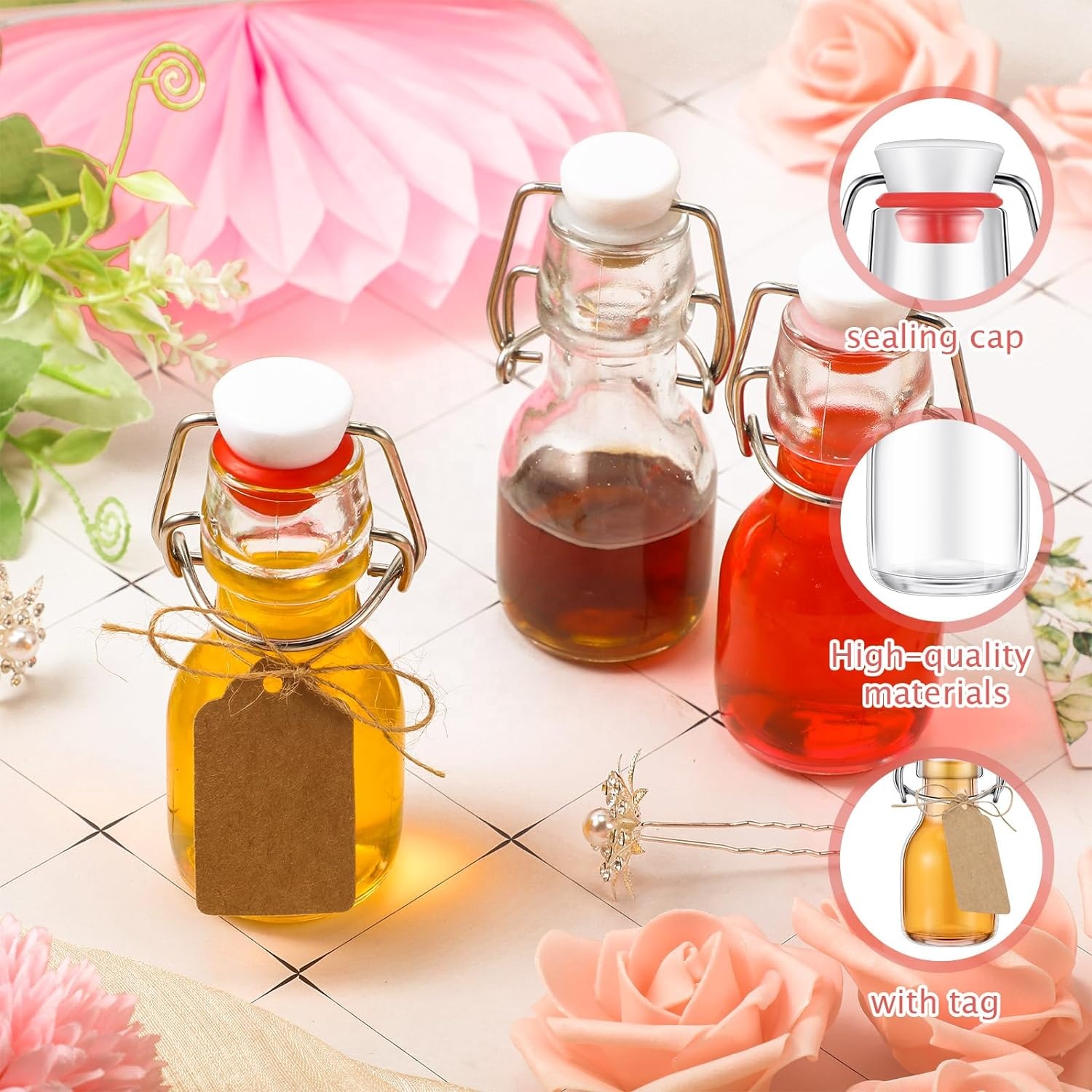Mini Swing Top Glass Bottles, 2 oz 60ml Mini Storage Bottles for Crafts, Decoration, Wedding Party Favors