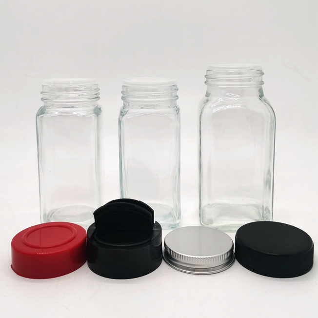 Empty Square Spice Bottles Glass Packaging Seasoning Jars Spice Containers With Aluminum Kitchen Organizer 4oz Spice Jar