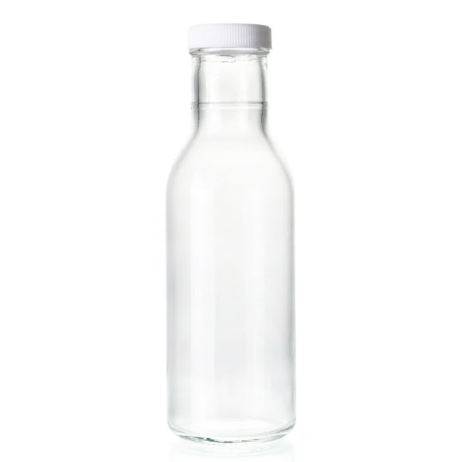 NiceBottles Clear Glass 12 oz Beverage/Sauce Bottles White Plastic Caps-Case 12 Versatile Roll Lids Whisky Vodka Water Beer