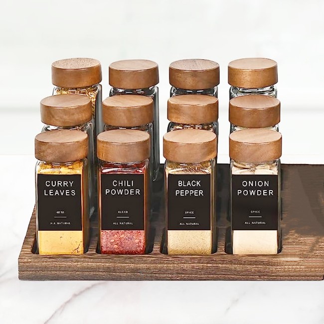 24pcs Set 120ml Square Spice Jars 4oz Glass Bottles With Bamboo Lids for Cosmetics Free Sample Available