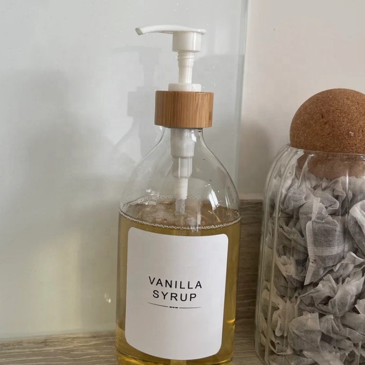 Refillable Clear Glass Syrup Bottles With Bamboo Pump Eco-friendly Refill Bottle Set