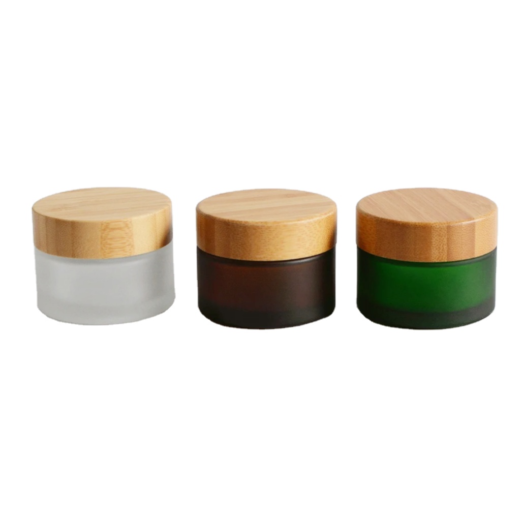 Packaging Container Empty Custom 30g 50g 100g 150g 8oz Green Bamboo Body Butter Face Cream Frosted Cosmetic Glass Jars With Lid