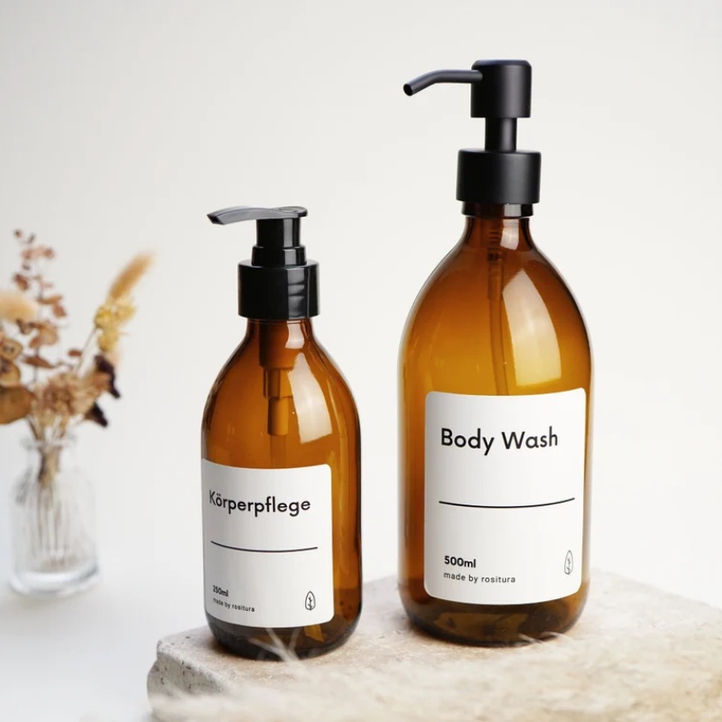 Amber 16oz 500ml Boston Round Glass Liquid Soap Dispenser Bottles With Metal Pump and Silicone Sleeve