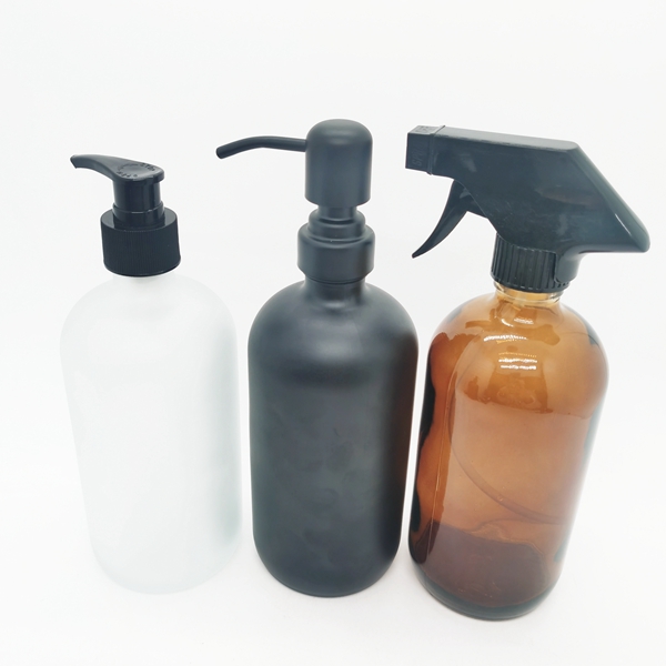 Frosted Glass Recyclable Boston Round Cosmetic Pump Bottles With Pump Cap 16 Ounce Jars for Skincare