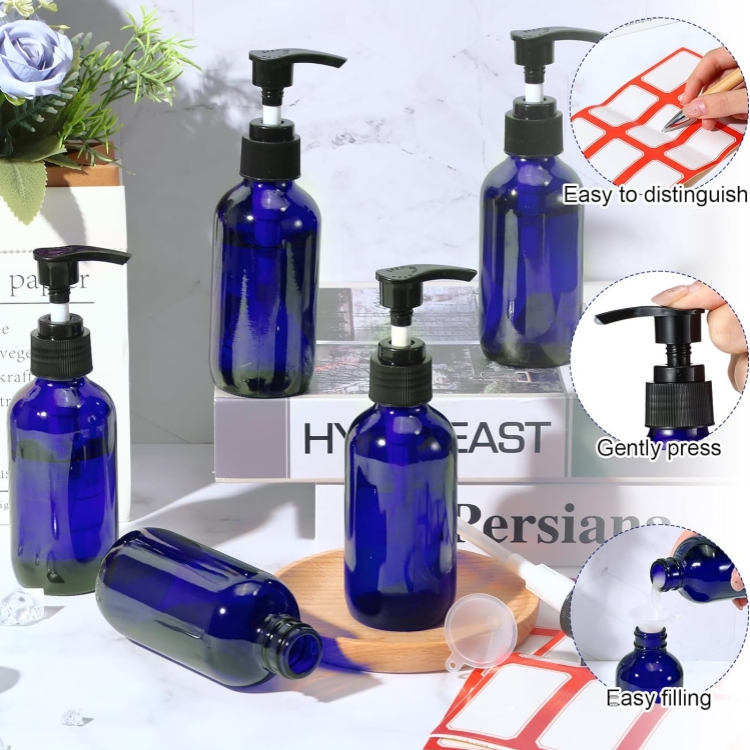 4 oz Empty Travel Glass Pump Bottle  Blue Amber Refillable Glass Hand Soap Dispenser Toiletries Liquid Storage Container Jar