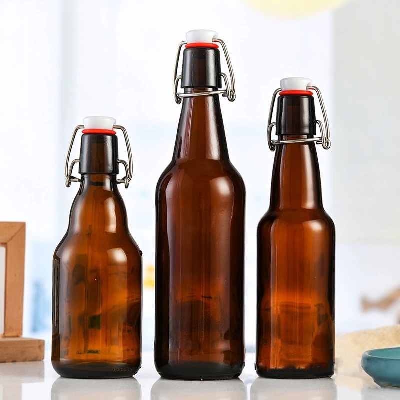 Empty Amber Round Wine Glass Bottle Customized Water Glass Bottle Fruit Wine Bottle With Swing Top Lid