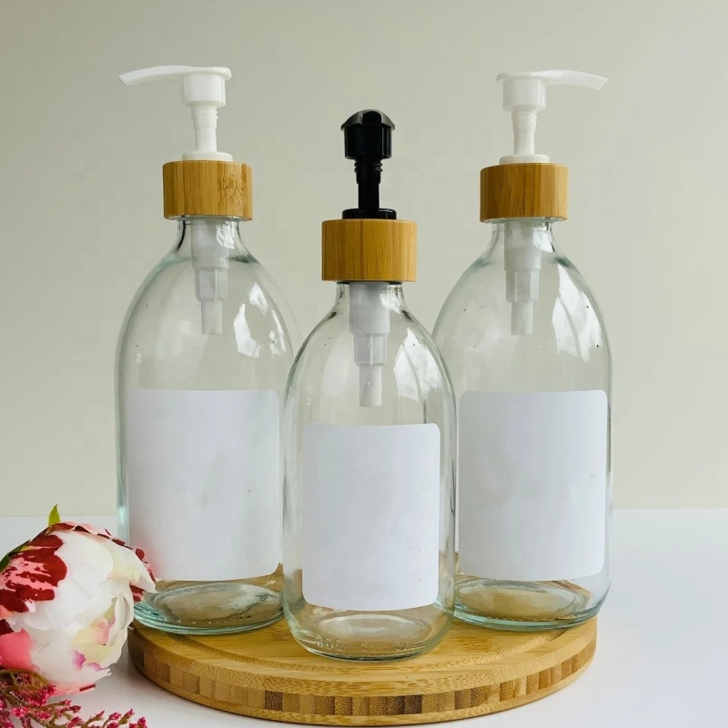 Refillable Clear Glass Syrup Bottles With Bamboo Pump Eco-friendly Refill Bottle Set