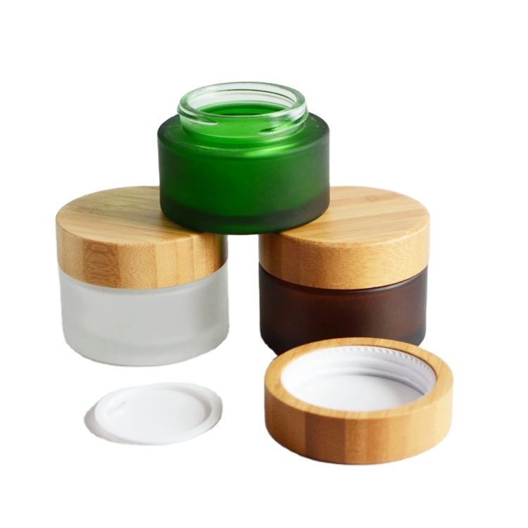 Packaging Container Empty Custom 30g 50g 100g 150g 8oz Green Bamboo Body Butter Face Cream Frosted Cosmetic Glass Jars With Lid