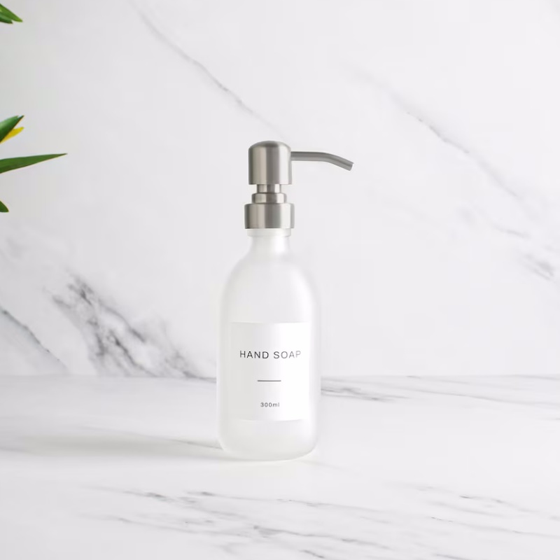 Frosted Clear Glass Bottle - Refillable Coloured Soap Dispenser With Metal Silver Pump for Conditioner, Hand Cream