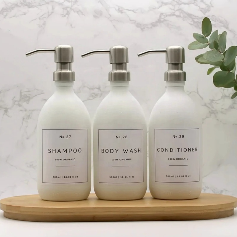 Matte White Glass Bathroom Dispenser Bottle Refillable With Brass Metal Soap Pump and Waterproof Label for Conditioner Body Wash