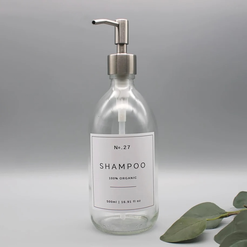 Customizable 16oz 500ml Clear Round Glass Hand Soap Bottles High Quality Waterproof Label
