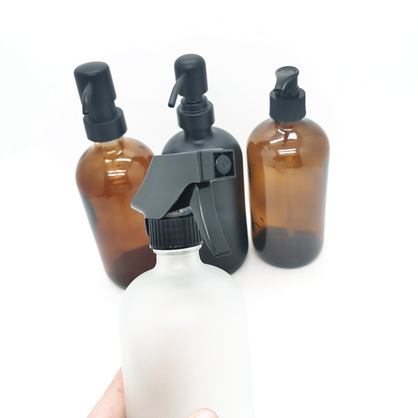 Frosted Glass Recyclable Boston Round Cosmetic Pump Bottles With Pump Cap 16 Ounce Jars for Skincare