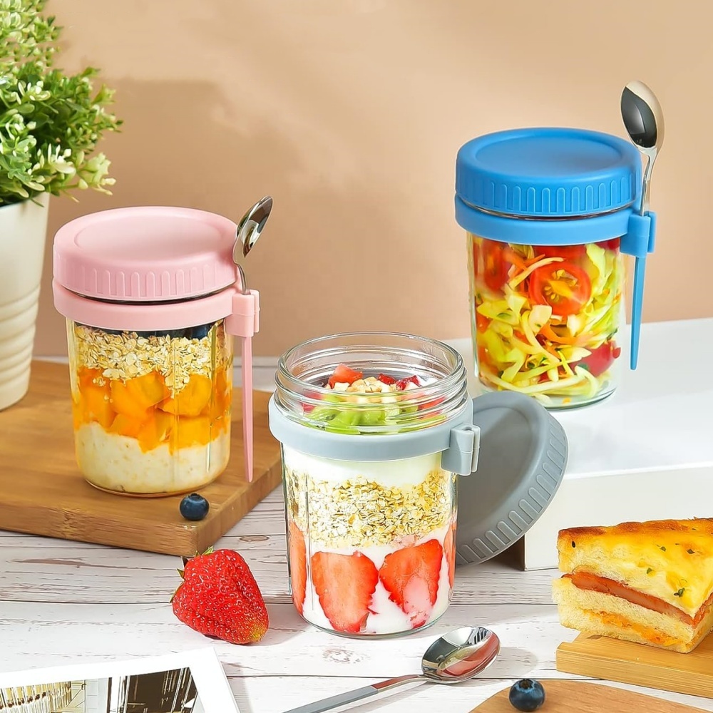 MULTIPURPOSE GLASS FOOD JARS for OVERNIGHT OATS, CEREAL, MILK, VEGETABLE and FRUIT SALAD