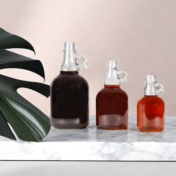 Customizable Glass Beverage Bottles-100ml 250ml 500ml Sizes Hooked Handle Fruit Syrup Alcoholic Beverages Maple Syrup Drinking