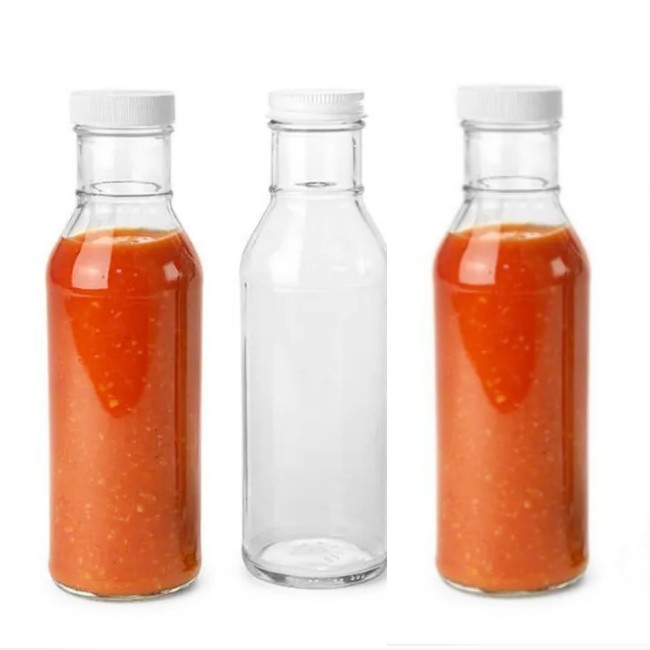 NiceBottles Clear Glass 12 oz Beverage/Sauce Bottles White Plastic Caps-Case 12 Versatile Roll Lids Whisky Vodka Water Beer