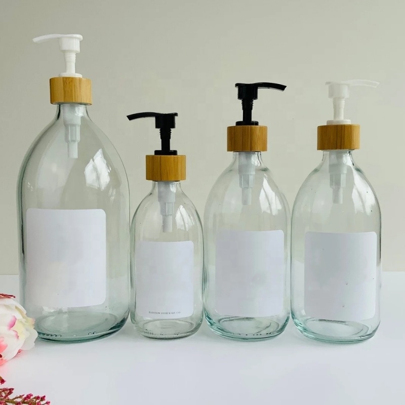 Refillable Clear Glass Syrup Bottles With Bamboo Pump Eco-friendly Refill Bottle Set