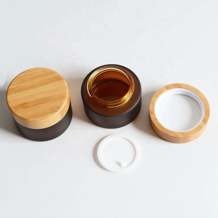 Packaging Container Empty Custom 30g 50g 100g 150g 8oz Green Bamboo Body Butter Face Cream Frosted Cosmetic Glass Jars With Lid