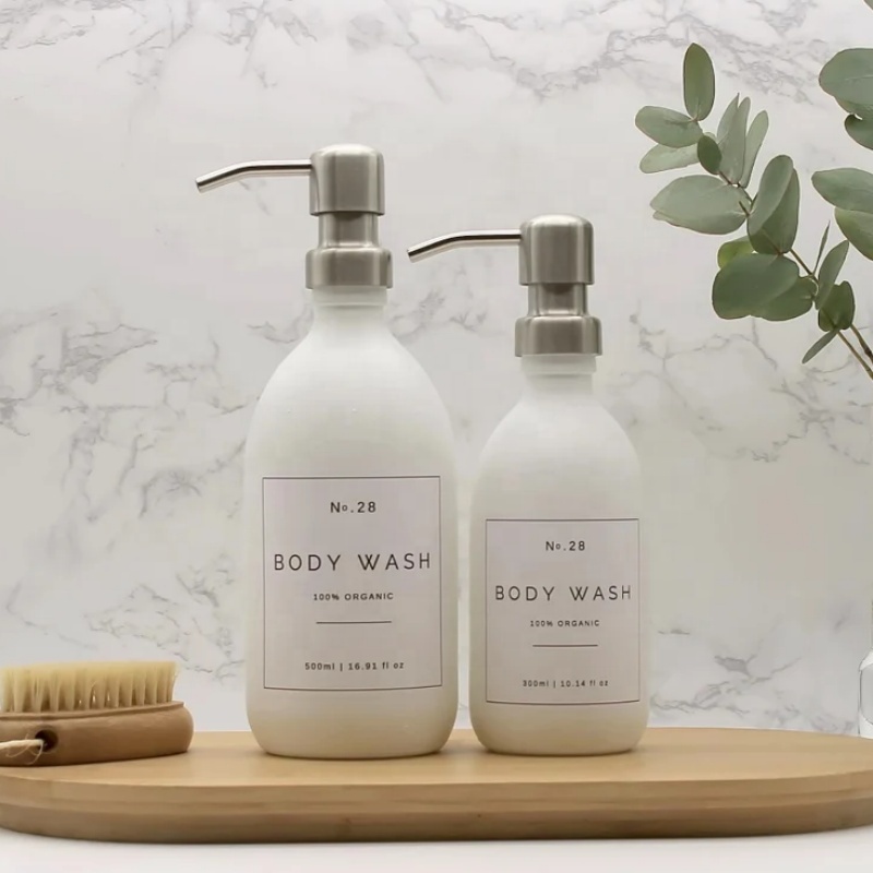Matte White Glass Bathroom Dispenser Bottle Refillable With Brass Metal Soap Pump and Waterproof Label for Conditioner Body Wash