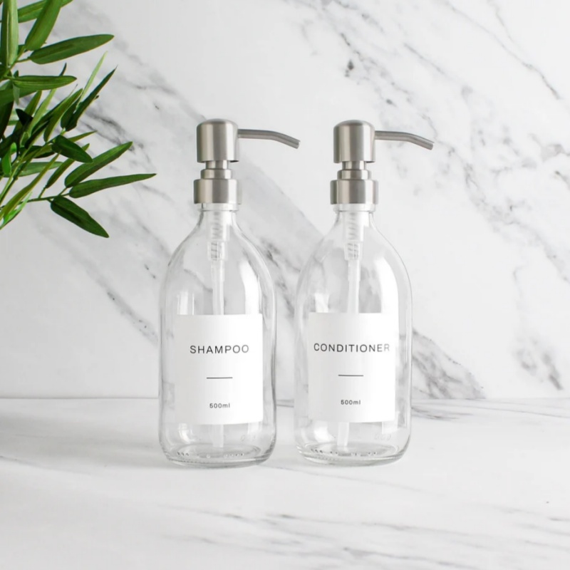 Customizable 16oz 500ml Clear Round Glass Hand Soap Bottles High Quality Waterproof Label
