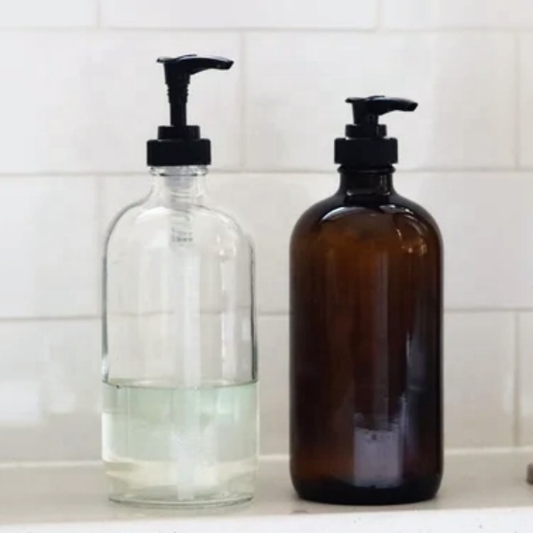 Custom Logo 8oz 16oz Clear Boston Shape Body Wash Shampoo Bathroom Soap Glass Pump Dispensers Bottle