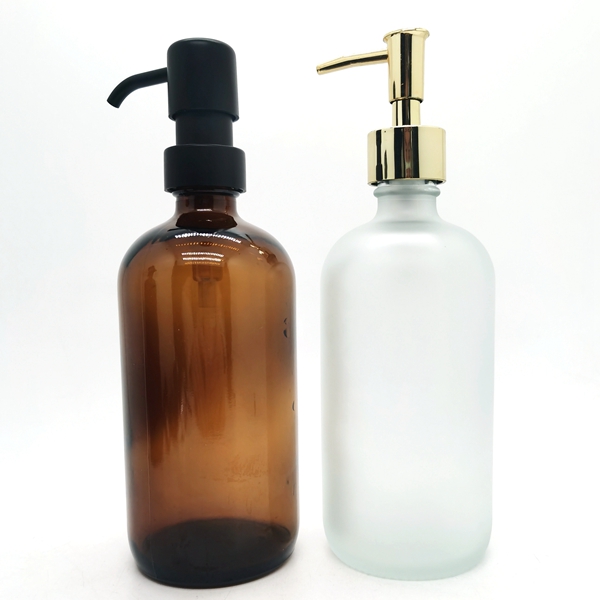Frosted Glass Recyclable Boston Round Cosmetic Pump Bottles With Pump Cap 16 Ounce Jars for Skincare