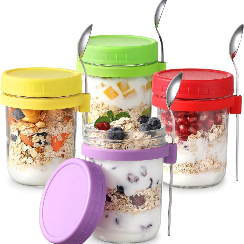 MULTIPURPOSE GLASS FOOD JARS for OVERNIGHT OATS, CEREAL, MILK, VEGETABLE and FRUIT SALAD
