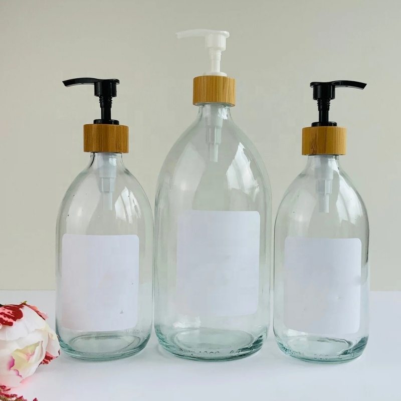 Refillable Clear Glass Syrup Bottles With Bamboo Pump Eco-friendly Refill Bottle Set