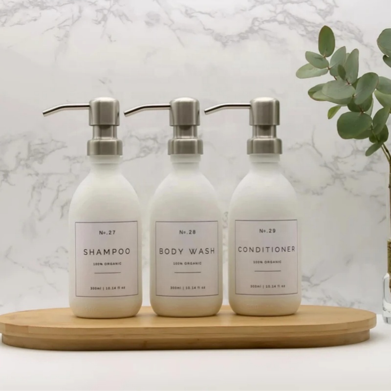 Reusable Clear White Glass Apothecary Shampoo Conditioner Dispenser Bottle With Choice of Pumps