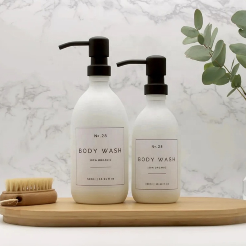 Matte White Glass Bathroom Dispenser Bottle Refillable With Brass Metal Soap Pump and Waterproof Label for Conditioner Body Wash