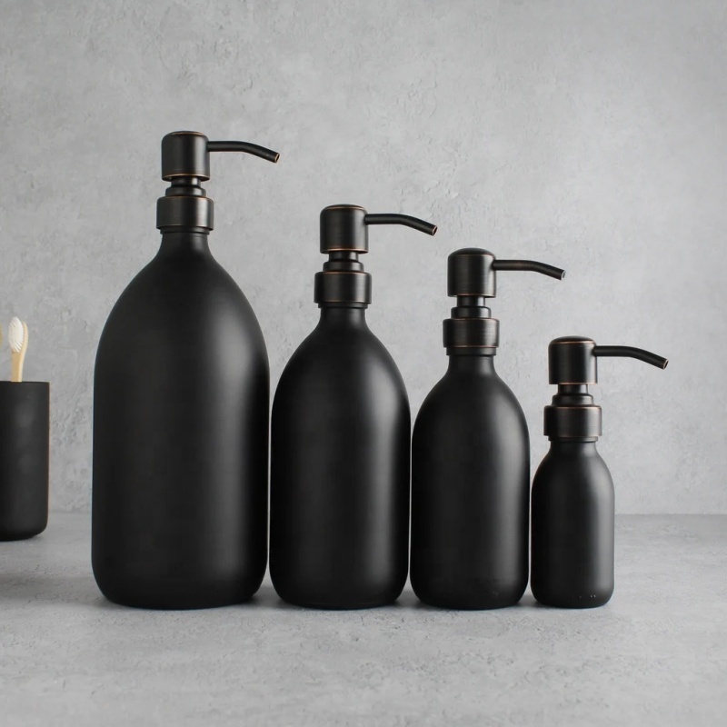 Amber 16oz 500ml Boston Round Glass Liquid Soap Dispenser Bottles With Metal Pump and Silicone Sleeve