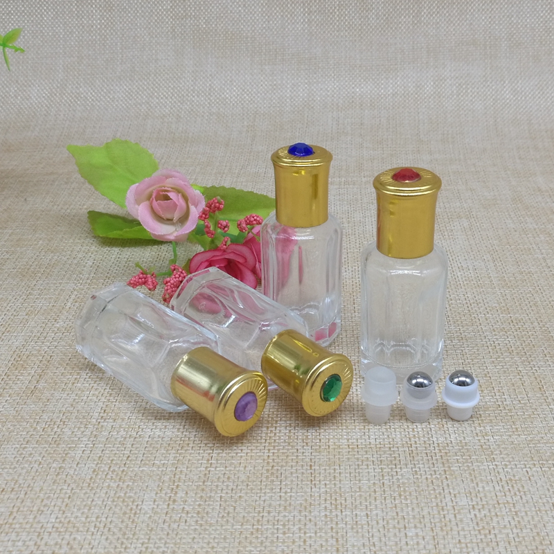 New Design 3ML 6ML 12ML Gold Octagon Roll on Glass Essential Oil Bottle Attar Oud Oil Glass Bottles With Roller Ball